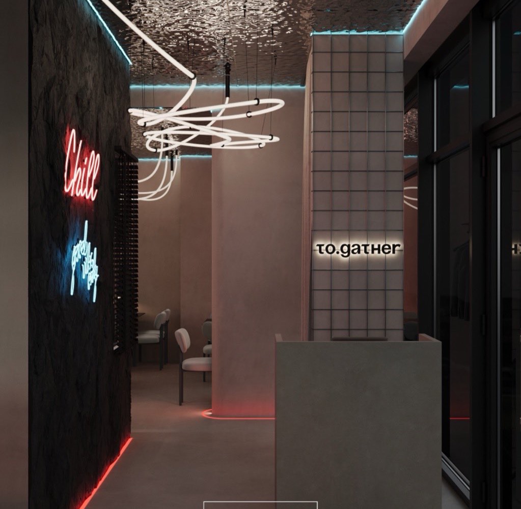 Wejście to.gather z neonowym logo